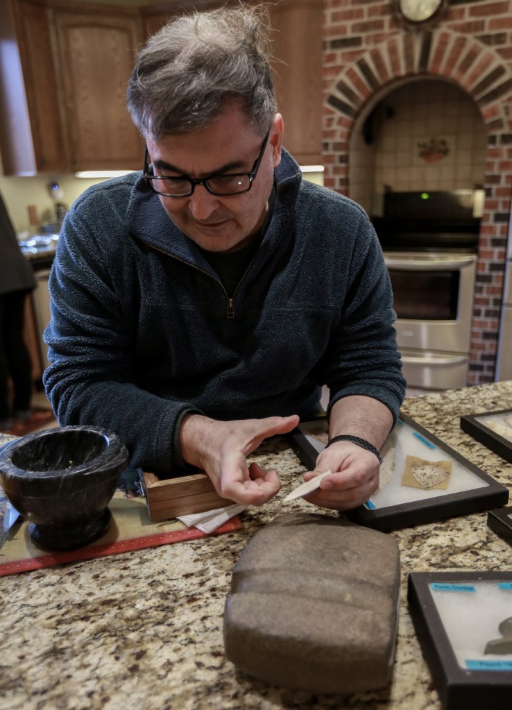 Not only does Dr. Korhan Raif collect Native American artifacts, but he has also published close to 20 articles in archaeological journals, such as the Central States Archaeological Journal. During the visit, he explained the significance of the rare piece he’s holding in the two photos.
“A patient had called me and told me he had found this arrowhead, and when I saw it, I knew it was something rare because of how it was made. This is around 15,000 years old, the type of arrowhead you would use to kill a mastodon,” he said. “In general, the larger an arrowhead is, the better it is. But this is an exception. This is called a Folsom point,” Dr. Korhan said.